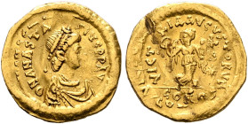 Anastasius I, 491-518. Tremissis (Gold, 15 mm, 1.44 g, 6 h), Constantinopolis. D N ANASTASIVS P P AV Pearl-diademed, draped and cuirassed bust of Anas...
