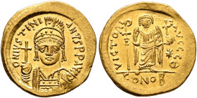 Justinian I, 527-565. Solidus (Gold, 20 mm, 4.43 g, 7 h), Constantinopolis, circa 538-545. D N IVSTINIANVS P P AVG Helmeted and cuirassed bust of Just...