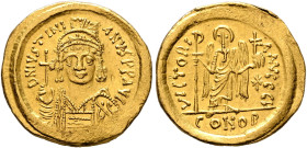 Justinian I, 527-565. Solidus (Gold, 21 mm, 4.40 g, 6 h), Constantinopolis, 545-565. D N IVSTINIANVS P P AVG Helmeted and cuirassed bust of Justinian ...