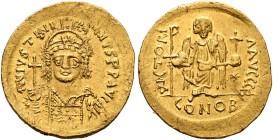 Justinian I, 527-565. Solidus (Gold, 21 mm, 4.47 g, 6 h), Constantinopolis, 545-565. D N IVSTINIANVS P P AVG Helmeted and cuirassed bust of Justinian ...