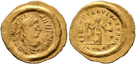 Justinian I, 527-565. Tremissis (Gold, 16 mm, 1.48 g, 6 h), Constantinopolis. D N IVSTINIANVS P P AVG Pearl-diademed, draped and cuirassed bust of Jus...