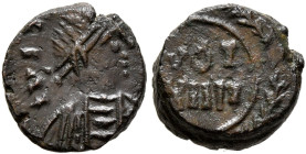 Justinian I, 527-565. Nummus (Bronze, 8 mm, 0.90 g, 12 h), Carthage, RY 14 = 540/1. IVST[...] Diademed, draped, and cuirassed bust of Justinian I to r...