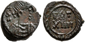 Justinian I, 527-565. Nummus (Bronze, 10 mm, 0.82 g, 6 h), Carthage, RY 14 = 540/1. IVS[...] Diademed, draped, and cuirassed bust of Justinian I to ri...