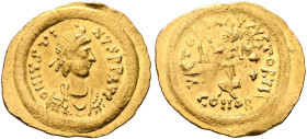 Justin II, 565-578. Tremissis (Gold, 17 mm, 1.49 g, 6 h), Constantinopolis. D N IVSTI-NVS P P AVG Diademed, draped and cuirassed bust of Justin II to ...