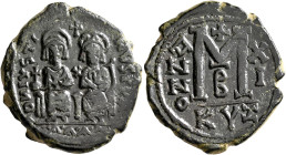 Justin II, with Sophia, 565-578. Follis (Bronze, 31 mm, 13.12 g, 6 h), Cyzicus, RY 11 = 575/6. D N IVSTINVS P P AVG Justin II, holding globus cruciger...