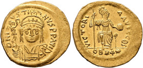 Justin II, 565-578. Light weight Solidus of 22 Siliquae (Gold, 21 mm, 3.86 g, 6 h), Antiochia. D N IVSTINVS P P AVG Helmeted, diademed and cuirassed b...