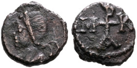 Maurice Tiberius, 582-602. Nummus (Bronze, 9 mm, 0.41 g, 5 h), Carthage. Diademed and draped bust of Maurice Tiberius to left. Rev. Monogram. DOC -. M...