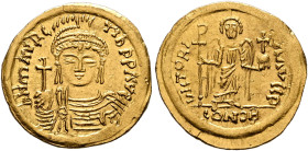 Maurice Tiberius, 582-602. Solidus (Gold, 21 mm, 4.40 g, 6 h), Rome, circa 583-584. D N mAVRC TIb P P AVC Draped and cuirassed bust of Maurice Tiberiu...