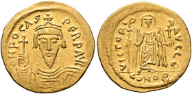 Phocas, 602-610. Solidus (Gold, 21 mm, 4.41 g, 7 h), Constantinopolis, 603-607. O N FOCAS PЄRP AVI Draped and cuirassed bust of Phocas facing, wearing...