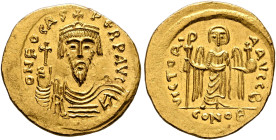 Phocas, 602-610. Solidus (Gold, 21 mm, 4.52 g, 8 h), Constantinopolis, 604-607. d N FOCAS PERP AVI Draped and cuirassed bust of Phocas facing, wearing...