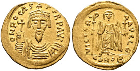 Phocas, 602-610. Solidus (Gold, 21 mm, 4.43 g, 7 h), Constantinopolis, 603-607. O N FOCAS PЄRP AVI Draped and cuirassed bust of Phocas facing, wearing...