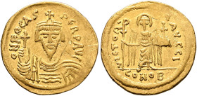Phocas, 602-610. Solidus (Gold, 21 mm, 4.29 g, 7 h), Constantinopolis, 603-607. O N FOCAS PЄRP AVI Draped and cuirassed bust of Phocas facing, wearing...