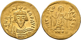 Phocas, 602-610. Solidus (Gold, 21 mm, 4.43 g, 7 h), Constantinopolis, 603-607. O N FOCAS PЄRP AVI Draped and cuirassed bust of Phocas facing, wearing...