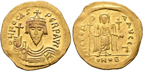 Phocas, 602-610. Solidus (Gold, 22 mm, 4.43 g, 6 h), Constantinopolis, 603-607. O N FOCAS PЄRP AVI Draped and cuirassed bust of Phocas facing, wearing...