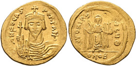 Phocas, 602-610. Solidus (Gold, 22 mm, 4.39 g, 6 h), Constantinopolis, 607-610. δ N FOCAS PЄRP AVI Draped and cuirassed bust of Phocas facing, wearing...