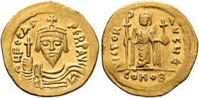 Phocas, 602-610. Solidus (Gold, 22 mm, 4.36 g, 6 h), Constantinopolis, 607-610. δ N FOCAS PЄRP AVI Draped and cuirassed bust of Phocas facing, wearing...