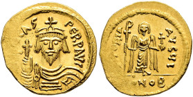 Phocas, 602-610. Solidus (Gold, 21 mm, 4.47 g, 7 h), Constantinopolis, 607-610. [δ N] FOCAS PERP AVC Draped and cuirassed bust of Phocas facing, weari...