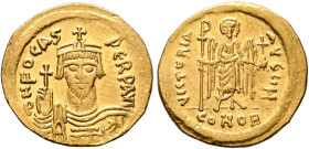 Phocas, 602-610. Solidus (Gold, 21 mm, 4.39 g, 6 h), Constantinopolis, 607-610. δ N FOCAS PЄRP AVI Draped and cuirassed bust of Phocas facing, wearing...