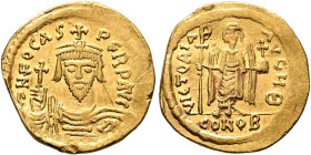 Phocas, 602-610. Solidus (Gold, 21 mm, 4.27 g, 6 h), Constantinopolis, 607-610. δ N FOCAS PЄRP AVI Draped and cuirassed bust of Phocas facing, wearing...