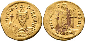 Phocas, 602-610. Solidus (Gold, 21 mm, 4.37 g, 6 h), Constantinopolis, 607-610. δ N FOCAS PЄRP AVI Draped and cuirassed bust of Phocas facing, wearing...