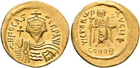 Phocas, 602-610. Solidus (Gold, 22 mm, 4.47 g, 6 h), Constantinopolis, 607-610. δ N FOCAS PЄRP AVI Draped and cuirassed bust of Phocas facing, wearing...