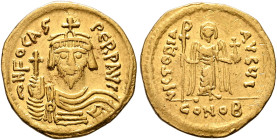 Phocas, 602-610. Solidus (Gold, 20 mm, 4.43 g, 6 h), Constantinopolis, 607-610. δ N FOCAS PЄRP AVI Draped and cuirassed bust of Phocas facing, wearing...