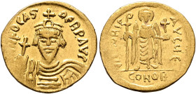 Phocas, 602-610. Solidus (Gold, 20 mm, 4.24 g, 6 h), Constantinopolis, 607-610. [δ] N FOCAS PЄRP AVI Draped and cuirassed bust of Phocas facing, weari...