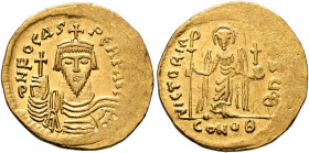 Phocas, 602-610. Solidus (Gold, 22 mm, 4.42 g, 6 h), Constantinopolis, 607-610. δ N FOCAS PЄRP AVI Draped and cuirassed bust of Phocas facing, wearing...