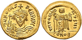 Phocas, 602-610. Solidus (Gold, 21 mm, 4.54 g, 6 h), Constantinopolis, 607-610. δ N FOCAS PERP AVC Draped and cuirassed bust of Phocas facing, wearing...