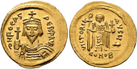 Phocas, 602-610. Solidus (Gold, 22 mm, 4.48 g, 6 h), Constantinopolis, 607-610. δ N FOCAS PERP AVC Draped and cuirassed bust of Phocas facing, wearing...