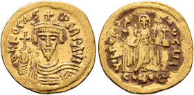 Phocas, 602-610. Solidus (Gold, 21 mm, 4.34 g, 6 h), Constantinopolis, 607-610. δ N FOCAS PЄRP AVI Draped and cuirassed bust of Phocas facing, wearing...
