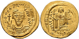 Phocas, 602-610. Solidus (Gold, 21 mm, 4.45 g, 6 h), Constantinopolis, 607-610. δ N FOCAS PЄRP AVI Draped and cuirassed bust of Phocas facing, wearing...