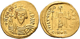 Phocas, 602-610. Solidus (Gold, 21 mm, 4.40 g, 6 h), Constantinopolis, 607-610. δ N FOCAS PЄRP AVI Draped and cuirassed bust of Phocas facing, wearing...