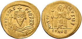 Phocas, 602-610. Solidus (Gold, 22 mm, 4.40 g, 6 h), Constantinopolis, 607-610. δ N FOCAS PЄRP AVI Draped and cuirassed bust of Phocas facing, wearing...