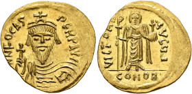 Phocas, 602-610. Solidus (Gold, 21 mm, 4.45 g, 5 h), Constantinopolis, 607-610. δ N FOCAS PERP AVC Draped and cuirassed bust of Phocas facing, wearing...