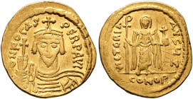 Phocas, 602-610. Solidus (Gold, 22 mm, 4.30 g, 7 h), Constantinopolis, 607-610. δ N FOCAS PЄRP AVI Draped and cuirassed bust of Phocas facing, wearing...