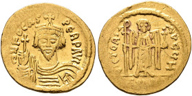 Phocas, 602-610. Solidus (Gold, 22 mm, 4.35 g, 6 h), Constantinopolis, 607-610. δ N FOCAS PЄRP AVI Draped and cuirassed bust of Phocas facing, wearing...