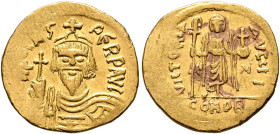 Phocas, 602-610. Solidus (Gold, 21 mm, 4.42 g, 6 h), Constantinopolis, 607-610. [δ] N FOCAS PЄRP AVI Draped and cuirassed bust of Phocas facing, weari...