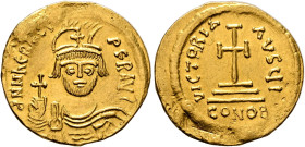 Heraclius, 610-641. Solidus (Gold, 21 mm, 4.43 g, 6 h), Constantinopolis, 610-613. d N N hERACLI PЄR AVC Draped and cuirassed bust of Heraclius facing...