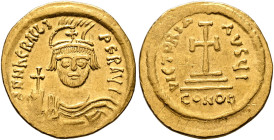 Heraclius, 610-641. Solidus (Gold, 22 mm, 4.43 g, 6 h), Constantinopolis, 610-613. d NN hЄRACLI PЄR AVG Draped and cuirassed bust of Heraclius facing,...