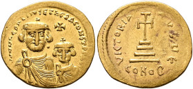Heraclius, with Heraclius Constantine, 610-641. Solidus (Gold, 21 mm, 4.43 g, 6 h), Constantinopolis, circa 613-616. dd NN hERACLIЧS ET hERA CONST PP ...