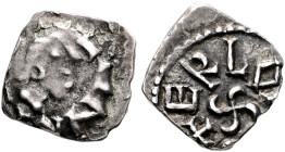MEROVINGIANS. Tours, St. Maurice. Circa 740-750. Denier (Silver, 10 mm, 0.97 g, 1 h), Erloinus, moneyer. [✠SC]E MΛVR[ICIO] Bare male head (St. Maurice...