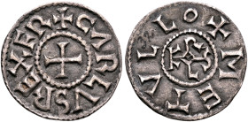 CAROLINGIANS. Charles le Chauve (the Bald), as Charles II, king of West Francia, 840-877. Denier (Silver, 21 mm, 1.71 g, 6 h), Melle. ✠ CARLVS REX FR ...
