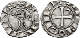 Antioch. Bohémond III, 1163-1201. Denier (Silver, 16 mm, 0.77 g, 5 h). ✠ BOAMVNDVS Helmeted head of a knight to left flanked by crescent and six-point...