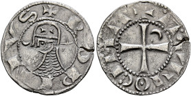 Antioch. Raymond-Roupen, 1216-1219. Denier (Silver, 17 mm, 0.88 g, 10 h). ✠ ROPINVS Helmeted head of a knight to left flanked by crescent and five-poi...