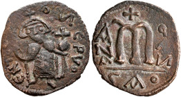 Time of the Rashidun. Pseudo-Byzantine types. Fals (Bronze, 23.5 mm, 4.24 g, 12 h), imitating the EN T૪TO NIKA follis of Constans II, before AH 24 = A...