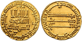 'Abbasid Caliphate. temp. Al-Mahdi, AH 158-169 / AD 775-785. Dinar (Gold, 19 mm, 4.23 g, 2 h), without mint, AH 165 = AD 781/2. ‘lā ilāha illā / Allāh...
