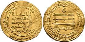 'Abbasid Caliphate. Al-Muqtadir, second reign, AH 296-317 / AD 908-929. Dinar (Gold, 25 mm, 4.18 g, 8 h), Misr, AH 304 = AD 916/71. Citing his son and...