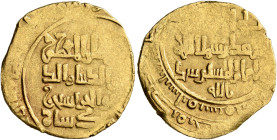 Seljuks. Great Seljuk. Mu'izz al-Din Ahmad Sanjar, AH 511-552 / AD 1118-1157. Dinar (Gold, 20 mm, 3.70 g, 11 h), Nishapur, date off flan. Citing the ʿ...