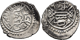 Ottoman Empire. Mehmed II Fatih ('the Conqueror'), second reign, AH 855-886 / AD 1451-1481. Akçe (Silver, 13 mm, 1.00 g, 2 h), 1st series, Bursa, AH 8...